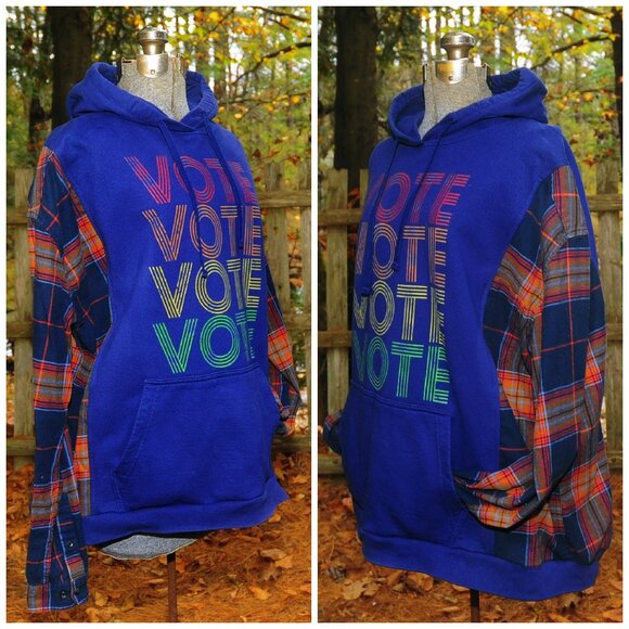 VOTE VOTE Election Reconstructed Hoodie Sweatshirt Navy Blue 2XL Plaid Sleeves - Picture 5 of 8